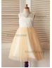 Ivory Lace Champagne Tulle V Neck Tea Length Flower Girl Dress